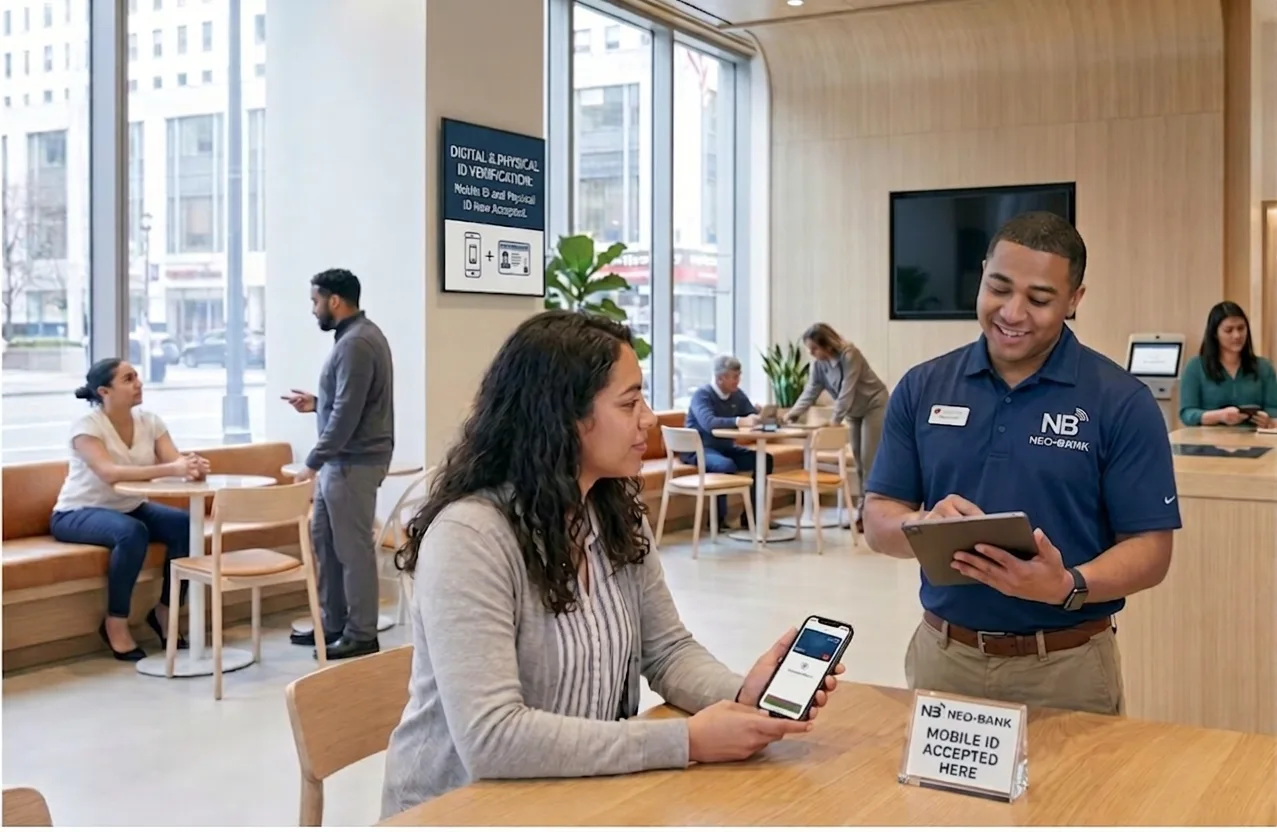 Bank associate verifying a customer's mobile driver's license on a tablet at a branch table with a Mobile ID Accepted Here sign