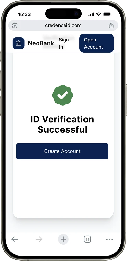 ID Verification Successful screen with a Create Account button