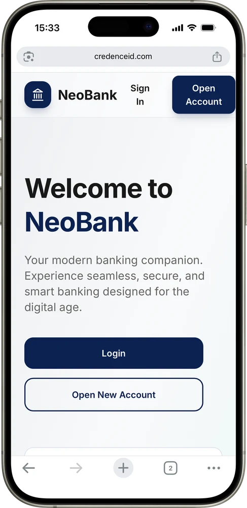 NeoBank mobile site with an Open New Account button, where the customer starts an online application