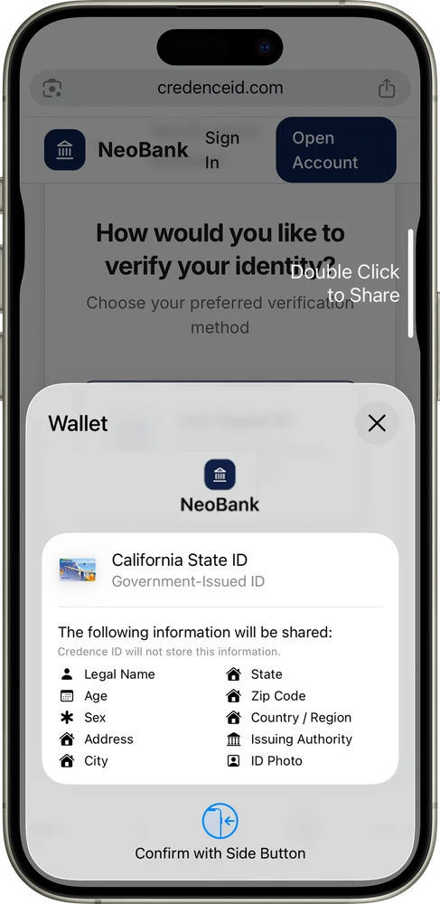 Wallet prompt listing the California State ID fields NeoBank is requesting