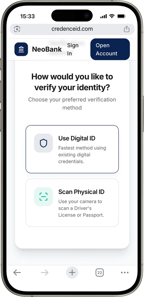 Identity step offering Use Digital ID or Scan Physical ID