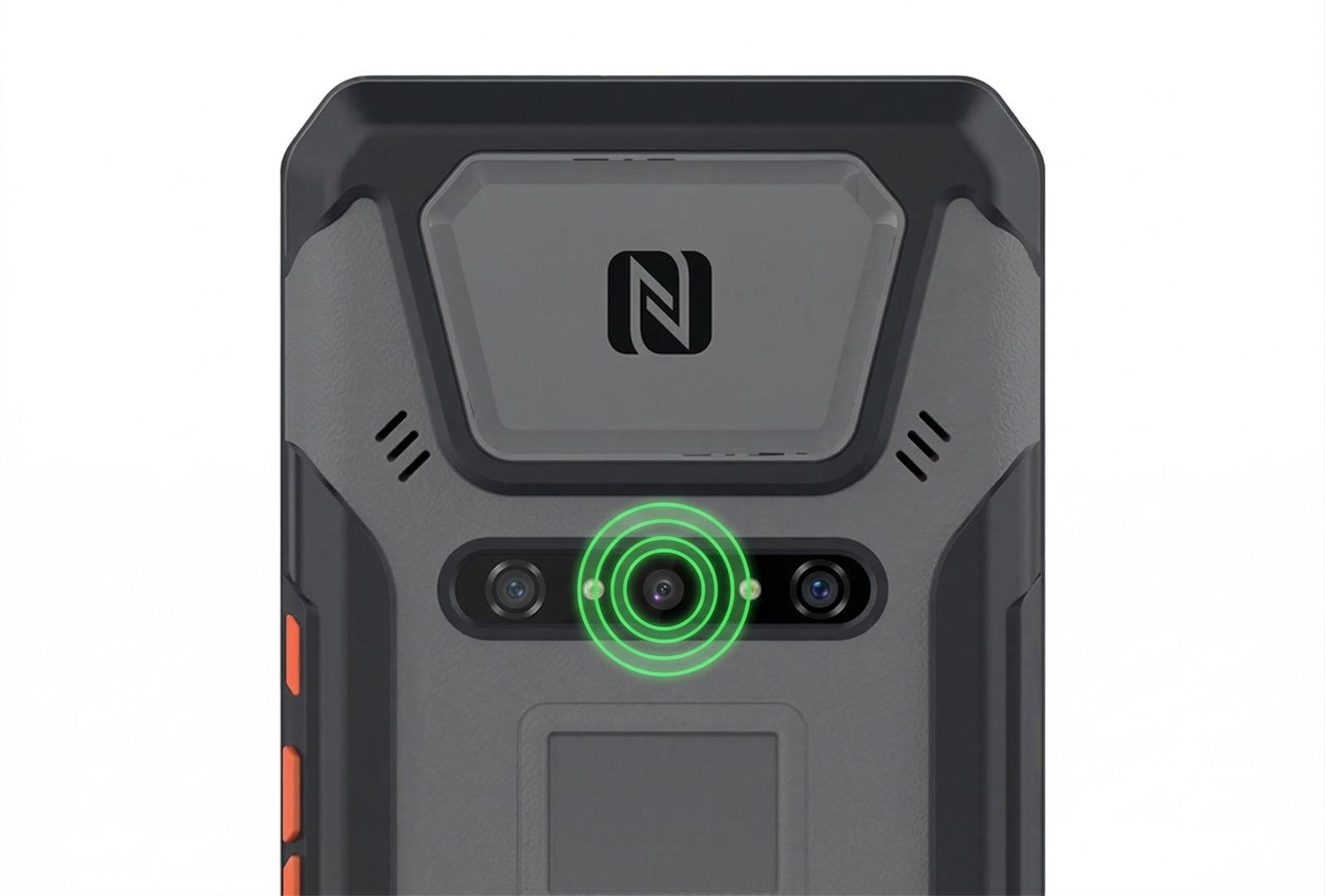 CredenceTAB4™ rear view showing 16+ MP dual camera with LED flash and NFC reader