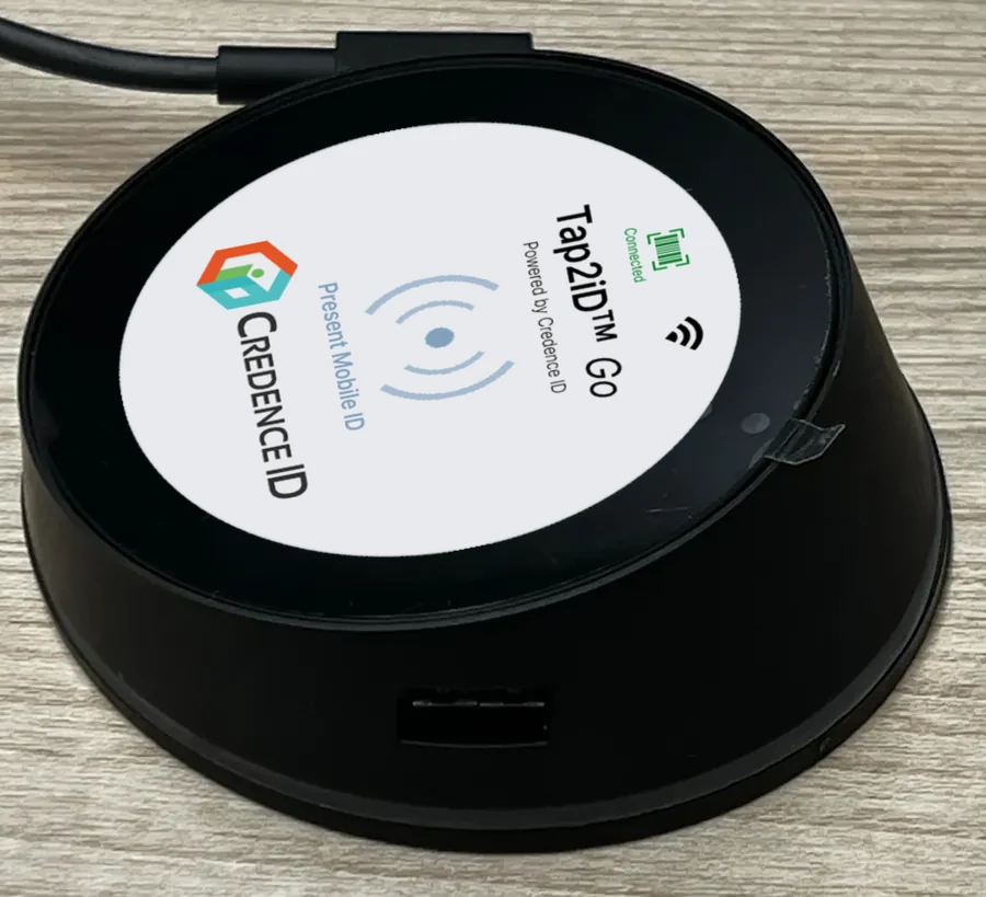 Tap2iD Go at an angle showing the USB-A port for a barcode scanner