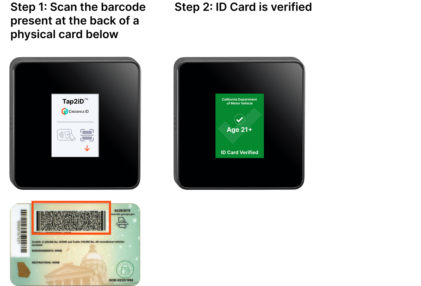 Tap2iD Verifier physical ID barcode scanning flow showing scan and age verification result
