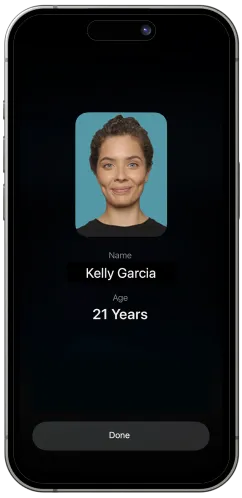 Tap2iD Mobile showing verified identity with age confirmation