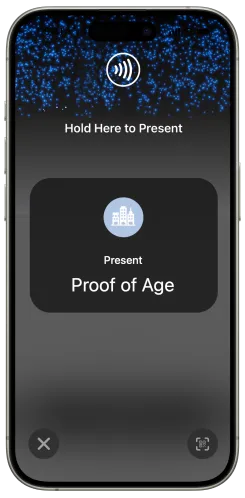 iPhone showing Hold Here to Present screen for NFC verification
