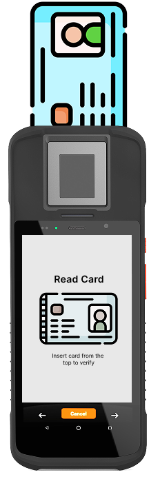 Handheld biometric device showing the Read Card screen with an ID inserted