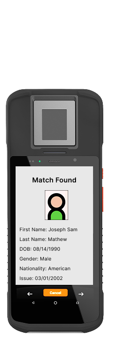 Handheld biometric device showing a Match Found result with the citizen’s identity record