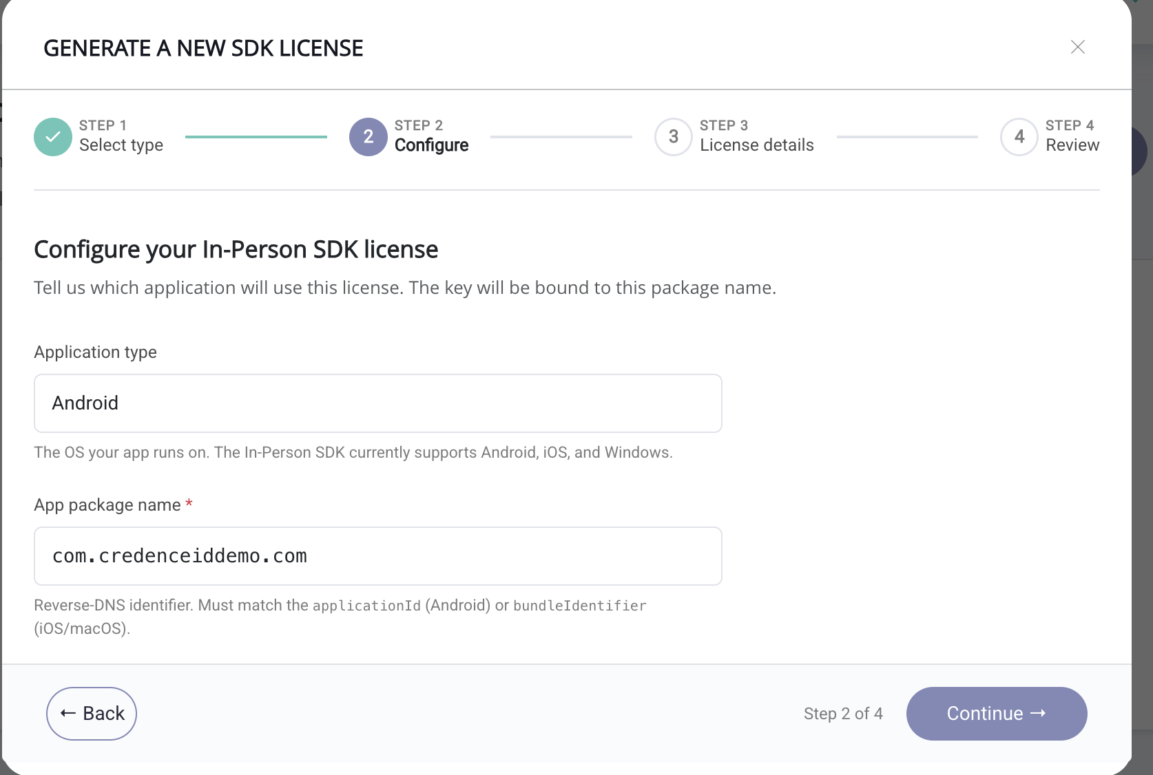 Select platform and enter package name