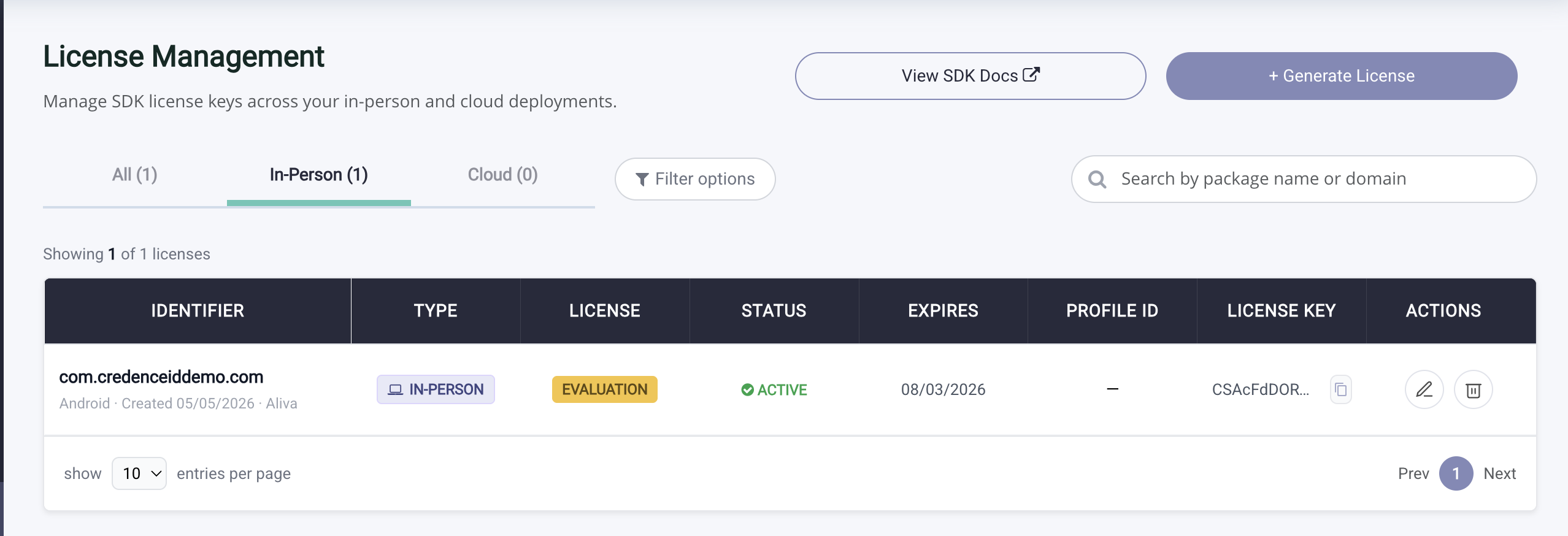 In-Person tab with generated license